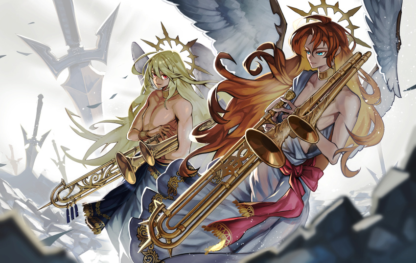 2boys angel angel_wings aqua_eyes blonde_hair bracer carrying carrying_under_arm closed_mouth curtained_hair falling_leaves feet_out_of_frame fringe_trim gold_collar green_robe hair_between_eyes halo_behind_head holding holding_instrument instrument leaf long_hair male_focus multiple_boys original parted_lips planted planted_sword red_eyes red_sash redhead robe rubble ruins sash sennohajime smile sword toga toned toned_male topless_male trombone wavy_hair weapon white_robe wings