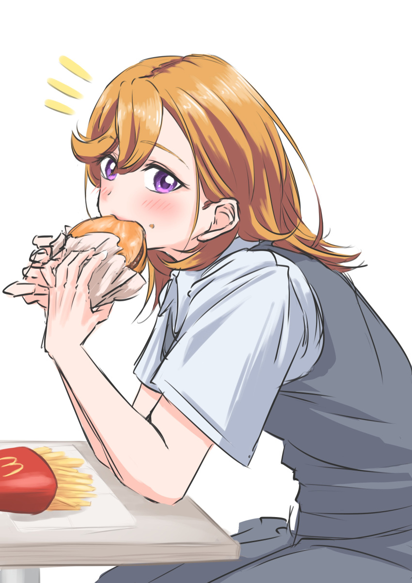 1girl absurdres arms_on_table blush burger collared_shirt commentary dress dress_shirt eating food food_in_mouth food_on_face french_fries grey_dress highres holding holding_burger holding_food long_hair looking_at_viewer love_live! love_live!_superstar!! mcdonald's medium_dress notice_lines orange_hair pinafore_dress school_uniform shibuya_kanon shirt short_sleeves simple_background sitting sleeveless sleeveless_dress solo summer_uniform uduki_fuji upper_body violet_eyes white_background white_shirt yuigaoka_school_uniform