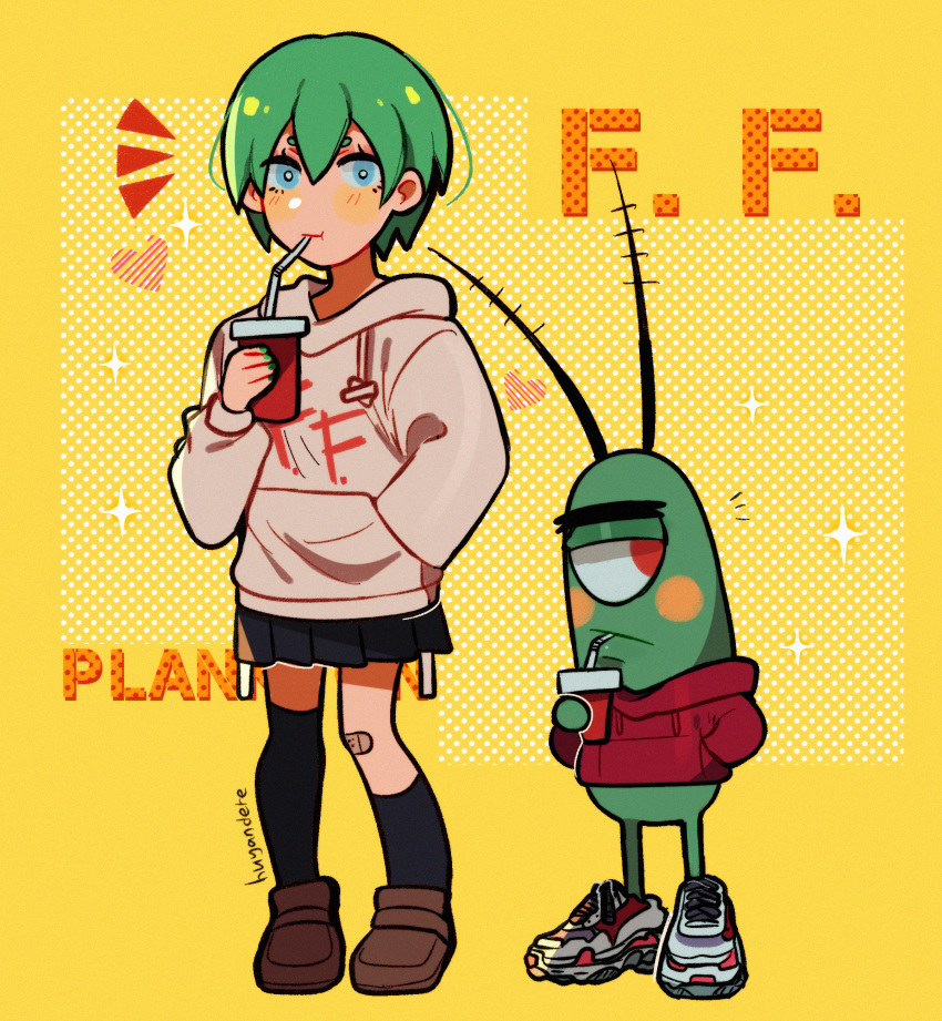 1boy 1girl absurdres antennae asymmetrical_legwear bandaid bandaid_on_knee bandaid_on_leg blue_eyes brown_hoodie brown_sweater character_name commentary crossover cup disposable_cup drinking drinking_straw english_commentary foo_fighters_(jojo) green_hair hand_in_pocket heart highres hood hooded_sweater hoodie huyandere jojo_no_kimyou_na_bouken loafers red_eyes sheldon_j._plankton shoes short_hair single_thighhigh sneakers sparkling_aura spongebob_squarepants_(series) stone_ocean sweater thigh-highs trait_connection