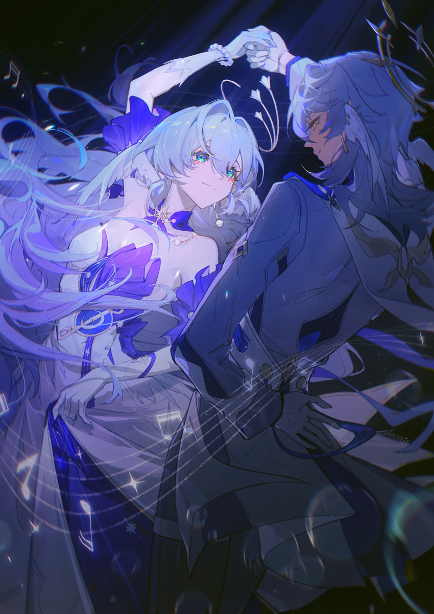 1boy 1girl absurdres aoma_(xuanzexuexi) aqua_eyes arm_up bare_shoulders bead_bracelet beads bracelet brother_and_sister closed_mouth dancing detached_sleeves dress earrings floating_hair gloves hair_between_eyes halo head_wings highres honkai:_star_rail honkai_(series) jewelry long_hair looking_at_another musical_note purple_dress robin_(honkai:_star_rail) short_sleeves siblings smile sunday_(honkai:_star_rail) two-tone_dress white_dress white_gloves white_wings wings