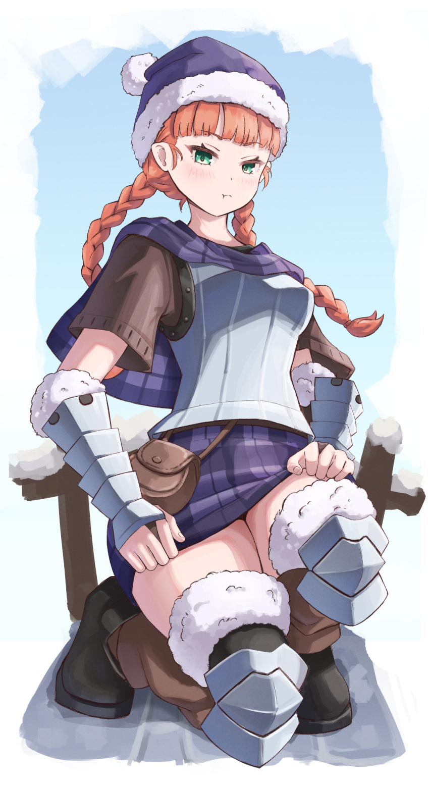 1girl aqua_eyes arm_guards armor black_thighhighs bobblehat braid breastplate capelet closed_mouth frown fur-trimmed_headwear fur-trimmed_legwear fur-trimmed_thighhighs fur_trim highres long_hair miniskirt on_one_knee orange_hair plaid plaid_capelet plaid_skirt pouch pout purple_capelet purple_hat purple_skirt scopedog_12 short_sleeves skirt solo thick_thighs thigh-highs thighs twin_braids unicorn_overlord yunifi_(unicorn_overlord) zettai_ryouiki