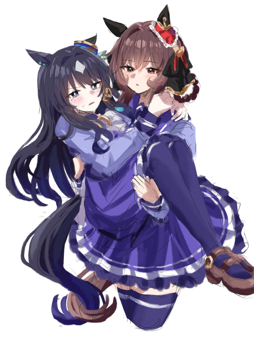 2girls absurdres animal_ears black_hair blue_hair blush bow bowtie braided_hair_rings breasts brown_hair closed_mouth ear_covers ear_ornament gentildonna_(umamusume) hair_between_eyes hair_ornament hair_rings heart-shaped_ornament heart_ear_ornament highres horse_ears horse_girl horse_tail horseshoe_ornament large_breasts long_hair long_sleeves looking_at_viewer mare_ma multiple_girls pleated_skirt puffy_sleeves purple_shirt red_eyes ribbon school_uniform shirt shoes simple_background skirt tail thigh-highs tracen_school_uniform umamusume verxina_(umamusume) violet_eyes white_background