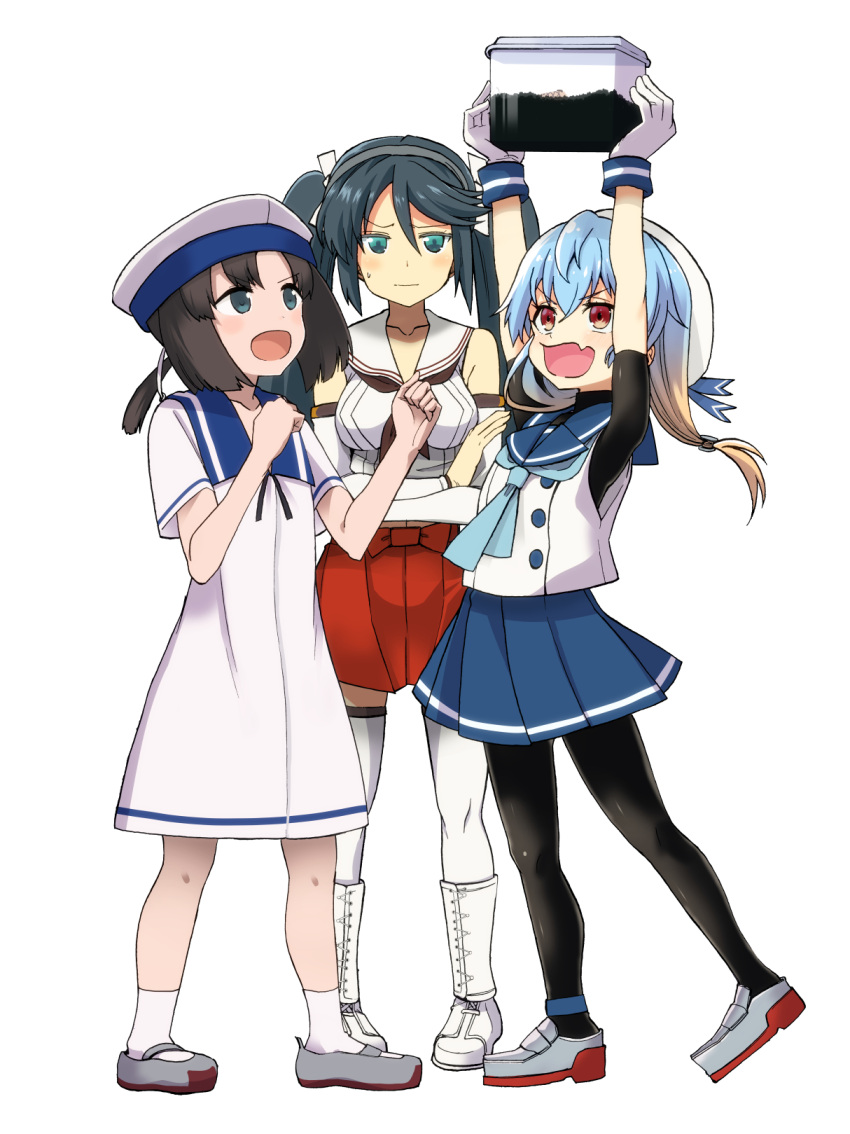 3girls black_hair blonde_hair blue_eyes blue_hair blue_sailor_collar breasts brown_hair bug caterpillar closed_mouth daitou_(kancolle) detached_sleeves dress fang gloves hat highres holding insect_cage isuzu_(kancolle) kantai_collection long_hair multicolored_clothes multiple_girls neckerchief open_mouth pantyhose pleated_skirt ponytail red_eyes red_skirt ribbon sado_(kancolle) sailor_collar sailor_dress sailor_hat school_uniform serafuku short_sleeves simple_background skin_fang skirt sweat tsuji_kazuho twintails white_background white_dress white_gloves