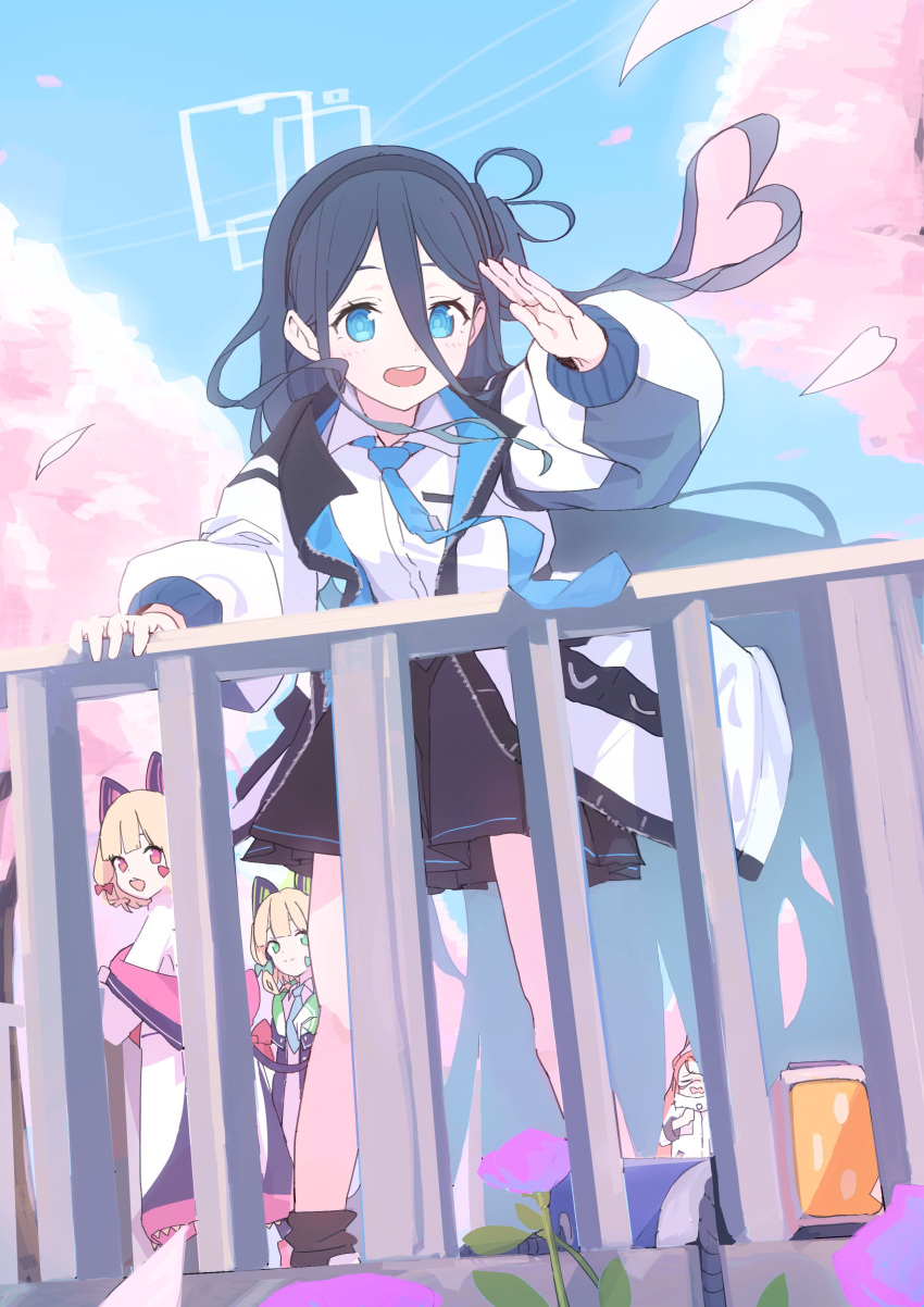 &gt;_&lt; 4girls absurdly_long_hair absurdres animal_ear_headphones animal_ears aris_(blue_archive) black_hair black_hairband black_skirt blonde_hair blue_archive blue_eyes blue_halo blue_necktie blush bow cherry_blossoms closed_mouth collared_shirt day fake_animal_ears flower game_development_department_(blue_archive) green_bow green_eyes green_halo hair_bow hairband halo headphones highres jacket long_hair long_sleeves midori_(blue_archive) momoi_(blue_archive) multiple_girls necktie one_side_up open_clothes open_jacket open_mouth outdoors p2p2hifumi pink_halo pleated_skirt purple_flower red_eyes redhead shirt short_hair skirt smile very_long_hair white_jacket white_shirt yuzu_(blue_archive)
