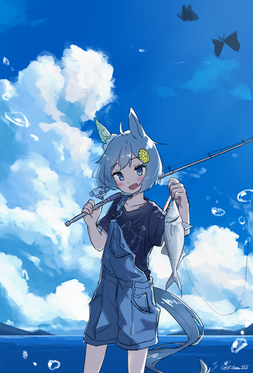 1girl ahoge animal_ears black_shirt blue_background blue_eyes blue_sky blush bug butterfly carrying_over_shoulder clouds cloudy_sky day fish fishing_rod flower grey_hair hair_flower hair_ornament hands_up highres holding holding_fishing_rod horizon horse_ears horse_girl horse_tail kiromo looking_at_viewer open_mouth outdoors overall_shorts overalls seiun_sky_(umamusume) shirt short_hair short_sleeves sky smile solo standing tail twitter_username two-tone_background umamusume water white_background