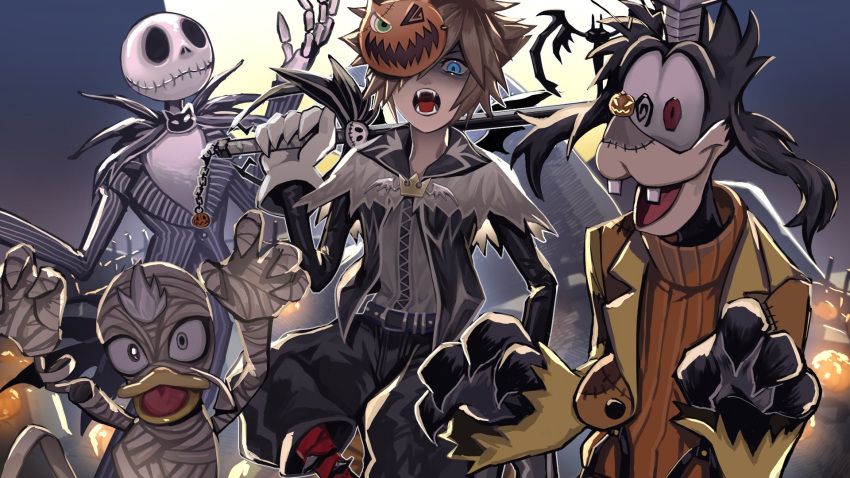 4boys black_jacket black_shorts blue_eyes brown_hair claw_pose claws donald_duck full_moon gloves goofy hair_over_one_eye highres jack_skellington jacket keiseki1 keyblade kingdom_hearts male_focus mask_over_one_eye moon multiple_boys mummy_costume official_alternate_costume open_mouth orange_sweater over_shoulder pinstripe_pattern pinstripe_suit pumpkin_mask sharp_teeth short_hair shorts skeleton spiky_hair suit sweater teeth the_nightmare_before_christmas torn_clothes turtleneck turtleneck_sweater weapon weapon_over_shoulder white_gloves