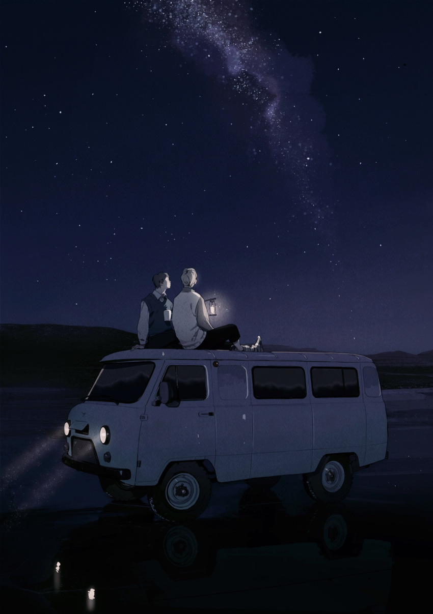 2boys black_pants blonde_hair brown_hair from_behind highres holding_lamp illumi999 light looking_up male_focus multiple_boys night night_sky on_vehicle original outdoors pants reflective_ground shadow sitting_on_car sky solo star_(sky) starry_sky white_car