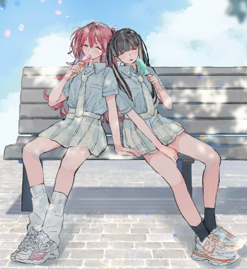 2girls arm_support bench black_hair black_socks blue_shirt blunt_bangs blush closed_eyes collared_shirt commentary_request dappled_sunlight dress_shirt earrings food grey_hair grey_necktie grey_skirt hair_between_eyes highres holding holding_food holding_ice_cream_cone holding_popsicle ice_cream ice_cream_cone inkya_gyaru_demo_ikigaritai! jewelry kashiwagi_tsukiko kuran_arisa leaning_on_person long_hair multiple_girls necktie ogino_ichiko open_mouth outdoors park_bench pink_hair popsicle school_uniform shirt shirt_tucked_in short_sleeves sitting skirt socks sunlight twintails two_side_up white_footwear white_leg_warmers