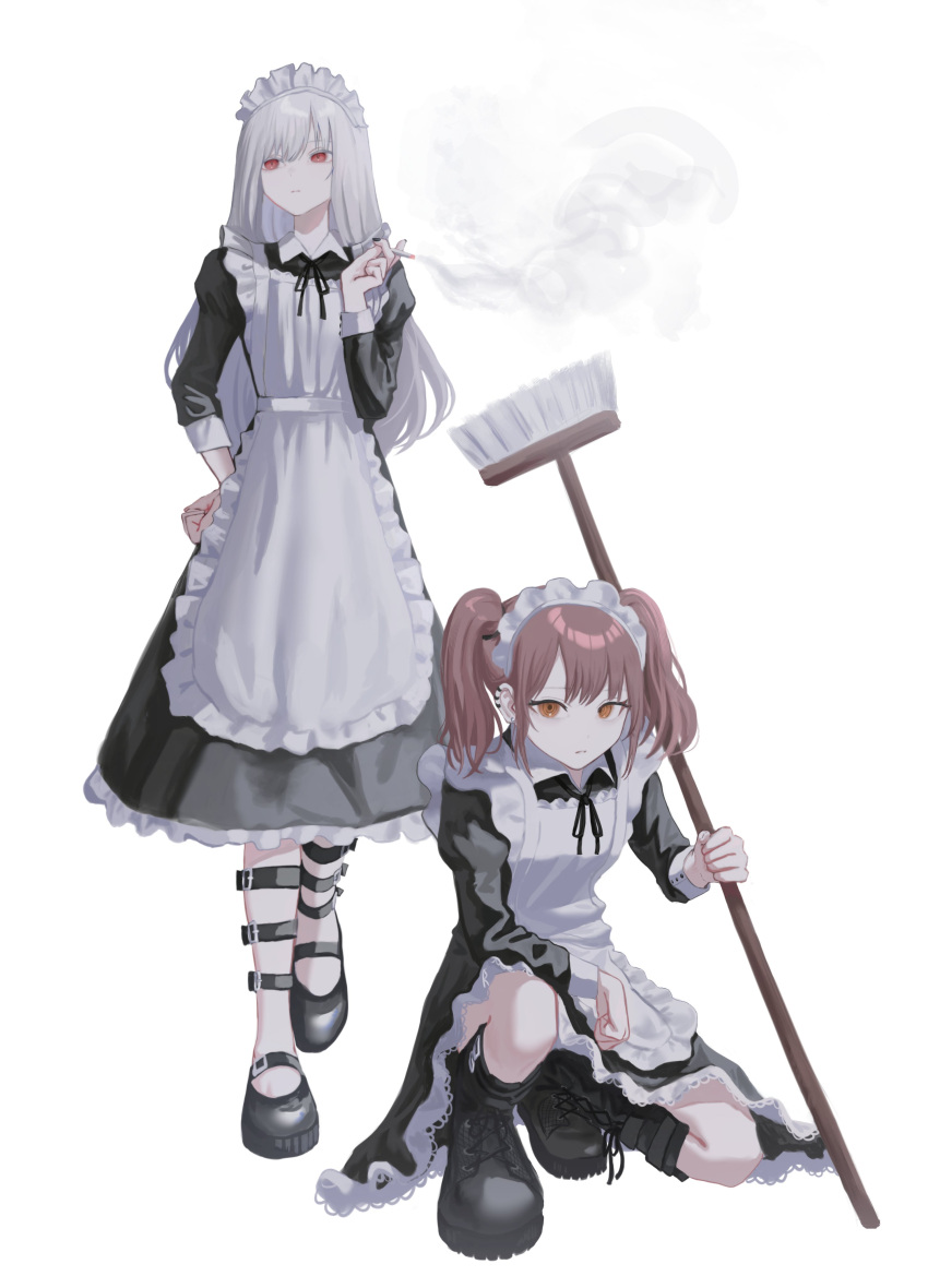 2girls absurdres apron black_dress black_footwear black_nails black_ribbon boots breasts broom cigarette commentary cross-laced_footwear dot_nose dress expressionless frilled_apron frills full_body grey_eyes hand_on_own_hip highres holding holding_broom holding_cigarette knee_boots kyano_(kyanora3141) lace-up_boots long_hair long_sleeves looking_at_viewer maid maid_apron maid_headdress medium_hair multiple_girls nail_polish neck_ribbon on_one_knee orange_eyes original pink_hair red_eyes ribbon ringed_eyes simple_background small_breasts smoke smoke_trail smoking squatting standing twintails white_apron white_background white_hair wrist_cuffs