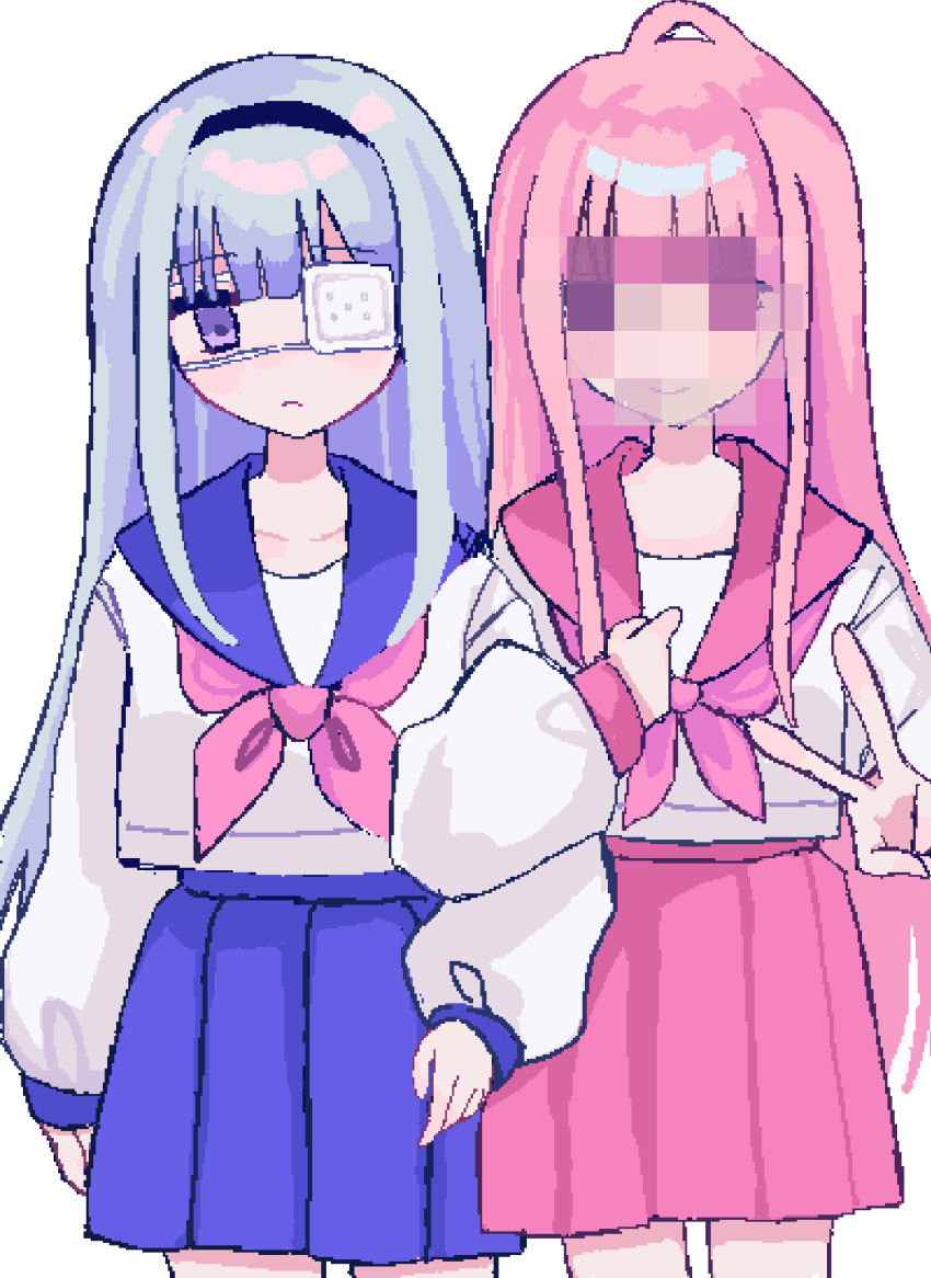2girls ahoge arm_at_side blue_hairband blue_sailor_collar blue_skirt blunt_bangs blush censored closed_mouth collarbone commentary_request eyepatch frown grey_hair hairband head_tilt highres holding_another's_arm long_hair long_sleeves looking_at_viewer medical_eyepatch mosaic_censoring multiple_girls neckerchief no_nose one_eye_covered original pink_hair pink_neckerchief pink_sailor_collar pink_skirt pixel_art pleated_skirt puffy_long_sleeves puffy_sleeves sailor_collar shirt shizumu_(shi_zumu) sidelocks simple_background skirt smile standing straight-on v violet_eyes white_background white_shirt