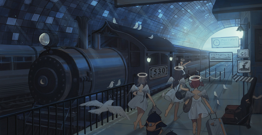 4girls absurdres angel angel_wings arm_up arrow_(symbol) backpack bag bare_arms bare_shoulders barefoot bird black_hair braid brown_hair chinese_commentary commentary_request dress feathered_wings halo highres holding holding_suitcase kimonogo locomotive long_hair multiple_girls original penguin railing redhead scenery short_hair sign stanchion steam_locomotive suitcase sundress train_station tunnel twin_braids walking waving white_bird white_dress white_wings wide_shot wings