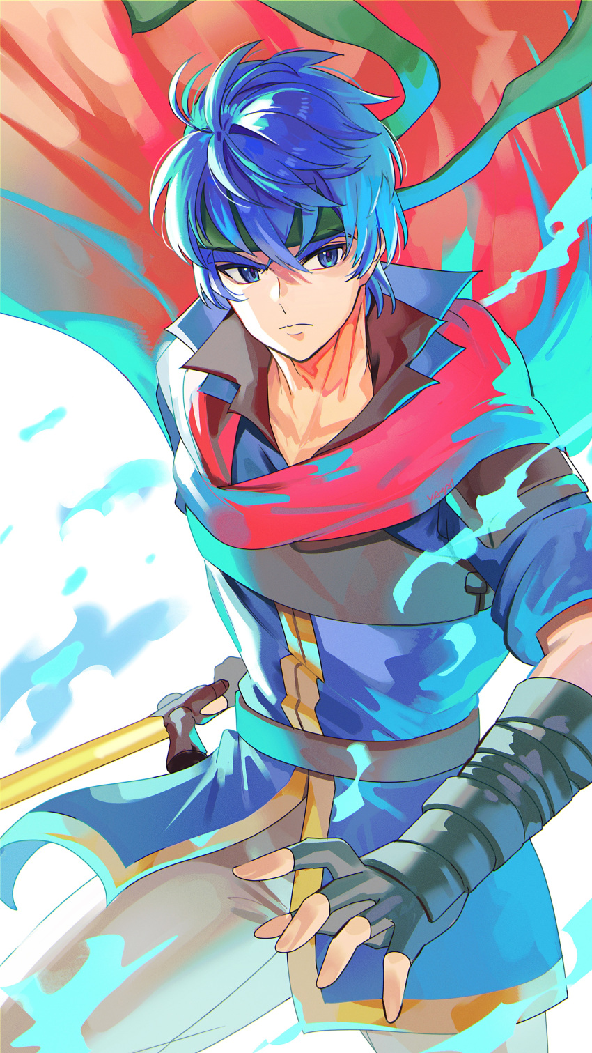 1boy absurdres aura black_gloves blue_eyes blue_hair cape closed_mouth fingerless_gloves fire_emblem fire_emblem:_path_of_radiance gloves gold_trim green_headband headband highres holding holding_sword holding_weapon ike_(fire_emblem) light_frown male_focus pants red_cape solo sword v-shaped_eyebrows weapon white_background white_pants yasaikakiage