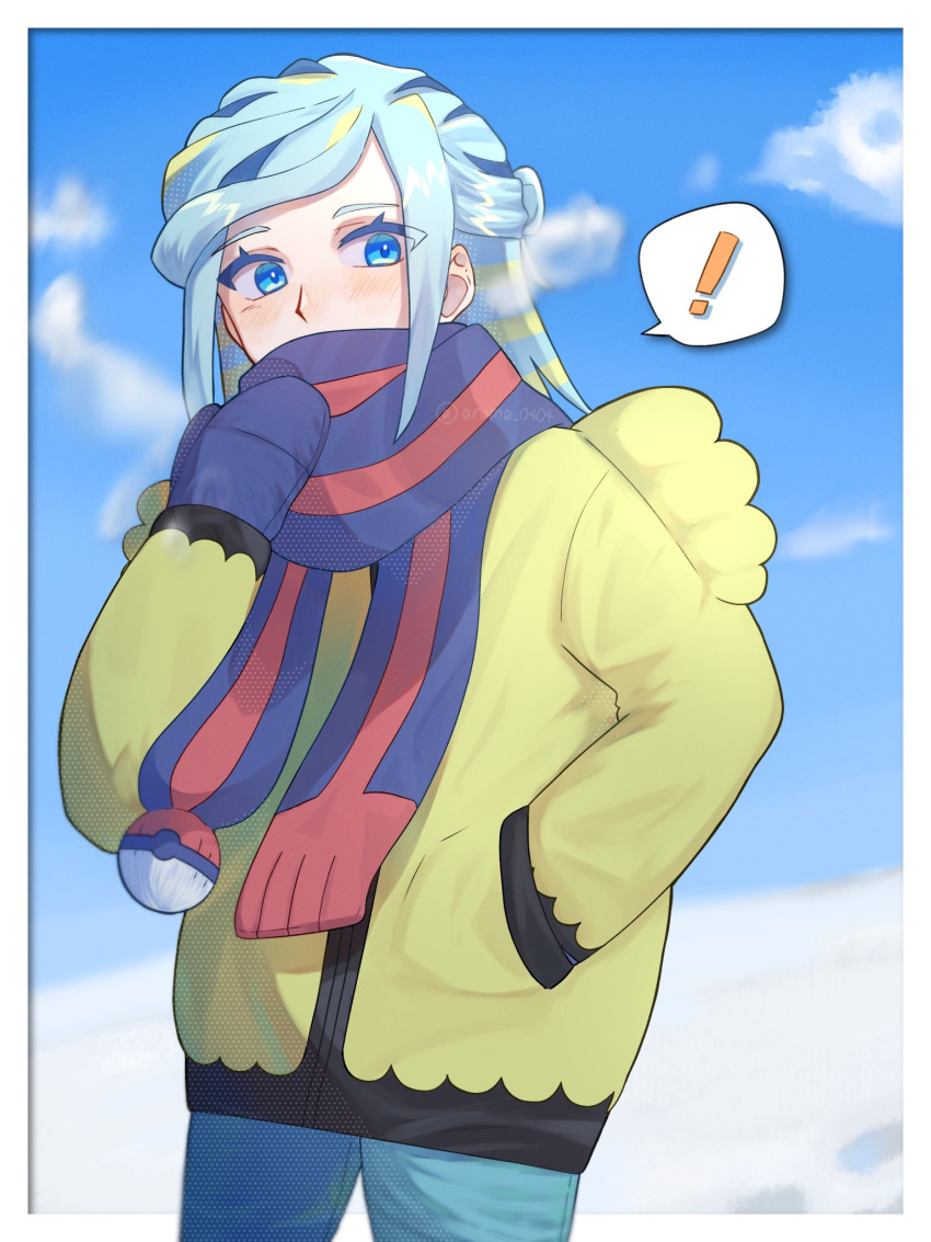 ! 1boy aroma_0404 blue_eyes blue_mittens blue_scarf blush border breath clouds commentary_request eyelashes green_pants grusha_(pokemon) hand_in_pocket hand_up highres jacket male_focus mittens outdoors outside_border pants pokemon pokemon_sv scarf scarf_over_mouth sky solo spoken_exclamation_mark striped_clothes striped_scarf white_border yellow_jacket