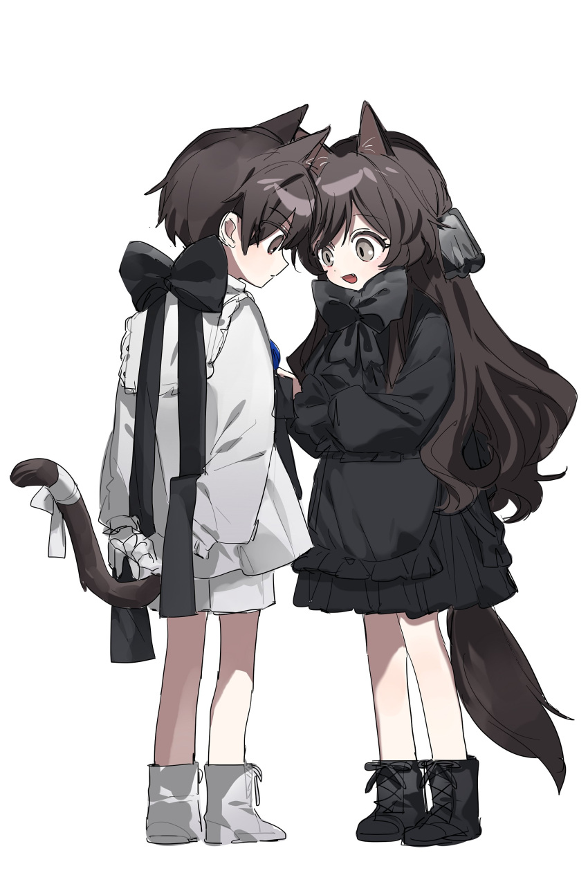 1boy 1girl :d absurdres animal_ears arms_behind_back black_bow black_bowtie black_dress black_footwear blouse boots bow bowtie brown_eyes brown_hair brown_tail closed_mouth dress fang full_body highres light_blush long_hair long_sleeves looking_at_another ok_o_o open_mouth original shirt short_hair shorts simple_background smile white_background white_footwear white_shirt white_shorts