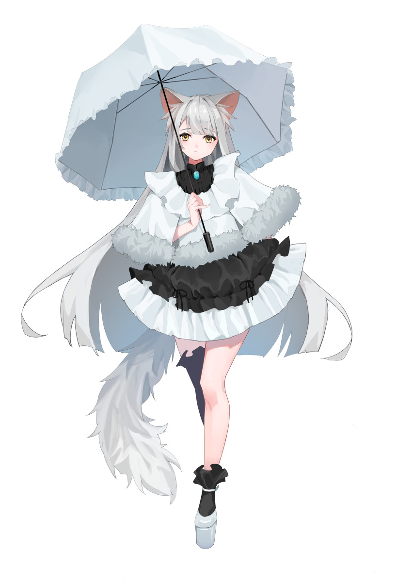 1girl absurdres animal_ears ashitabe black_dress black_socks black_thighhighs capelet closed_mouth dress frilled_umbrella frills frown full_body fur-trimmed_capelet fur_trim highres holding holding_umbrella long_hair looking_at_viewer original platform_footwear simple_background single_thighhigh socks solo standing tachi-e tail thigh-highs umbrella white_background white_capelet white_footwear white_hair white_umbrella wolf_ears wolf_girl wolf_tail