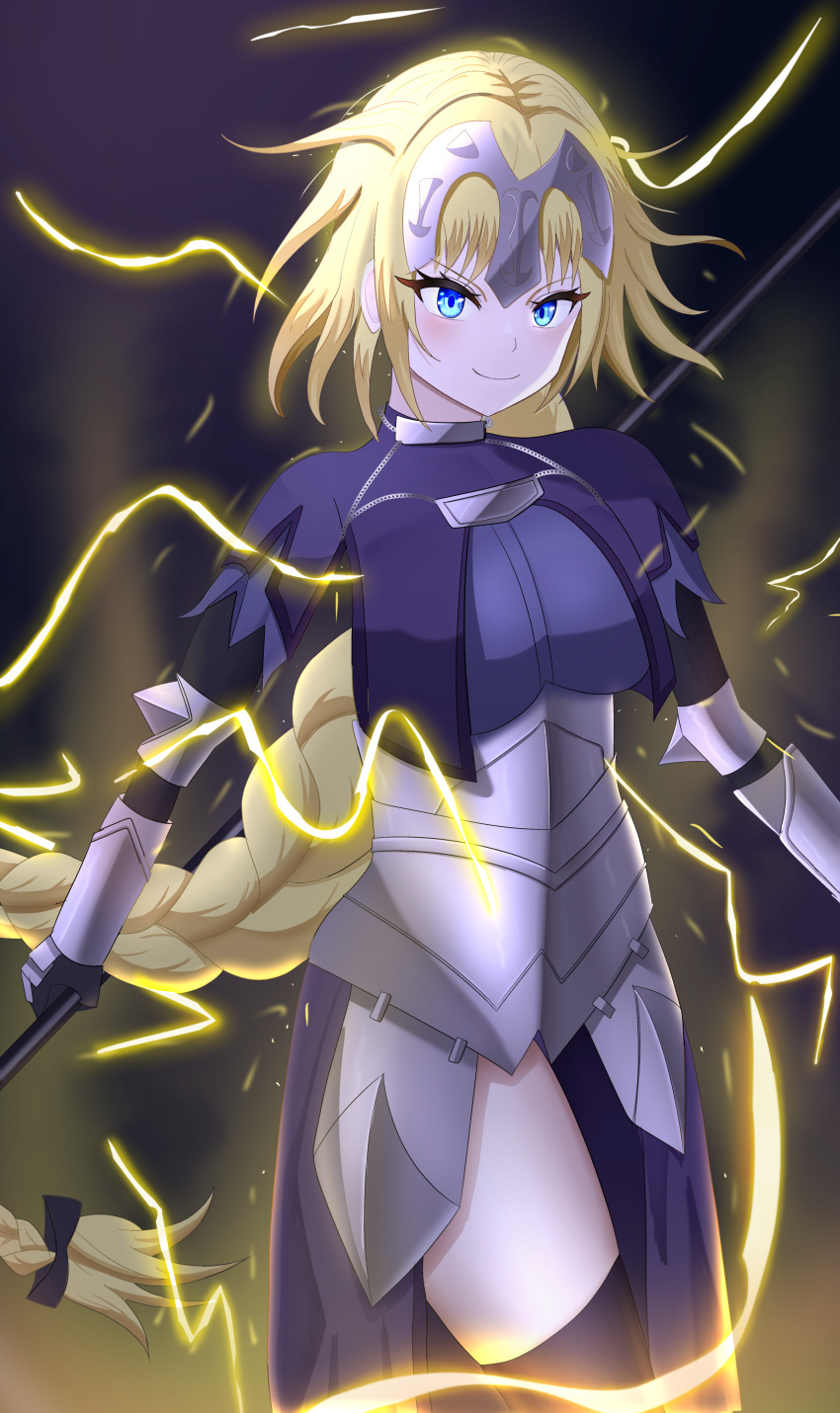1girl absurdres armor armored_dress blonde_hair blue_eyes blush braid breasts chain fate/apocrypha fate/grand_order fate_(series) faulds flag gauntlets headpiece highres holding holding_weapon jeanne_d'arc_(fate) large_breasts light_particles long_braid long_hair long_skirt looking_at_viewer magic night plackart polearm short_hair simple_background single_braid skirt smile solo spear standard_bearer very_long_hair weapon yissou_art