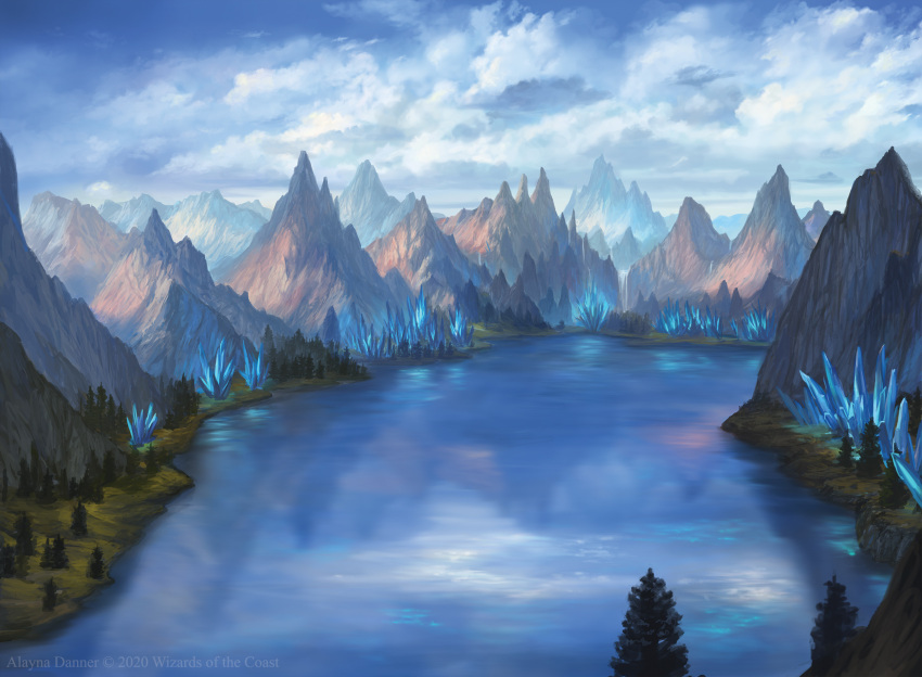 alayna_danner artist_name blue_sky clouds commentary company_name crystal day english_commentary from_above highres lake landscape magic:_the_gathering mountain no_humans official_art outdoors painterly pine_tree scenery sky tree water