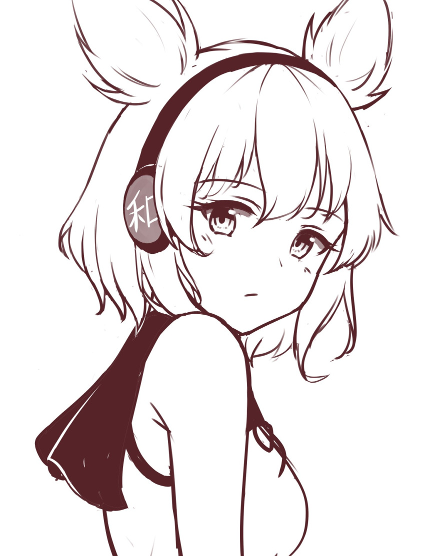 1girl bare_shoulders closed_mouth earmuffs expressionless hair_ears hairband highres kuneamorai looking_at_viewer looking_back monochrome pointy_hair shirt short_hair simple_background sketch sleeveless sleeveless_shirt solo touhou toyosatomimi_no_miko turning_head upper_body white_background