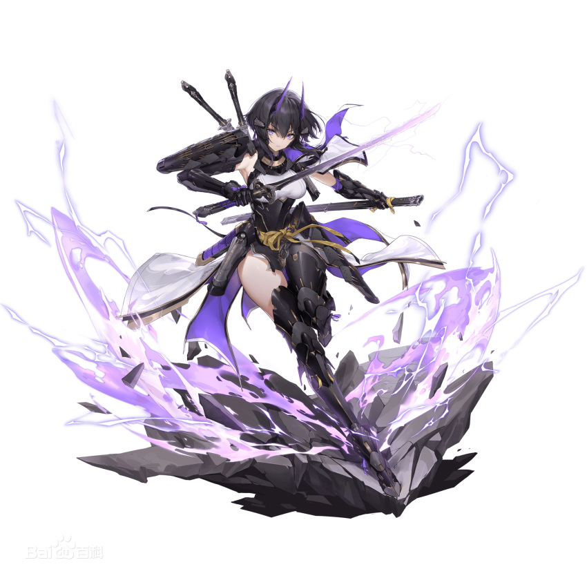 1girl :&lt; aether_gazer armor black_bodysuit black_hair bodysuit breasts cape chinese_commentary coattails cowboy_shot dot_nose dual_wielding full_body gold_trim gradient_background hair_between_eyes hair_ornament highres holding holding_sword holding_weapon horns katana knees_up long_bangs long_hair mechanical_arms medium_breasts multiple_weapons official_art sash shirt shoulder_armor simple_background solo sword taut_clothes taut_shirt thighs tsukuyomi_(aether_gazer) v-shaped_eyebrows violet_eyes weapon weapon_on_back white_background