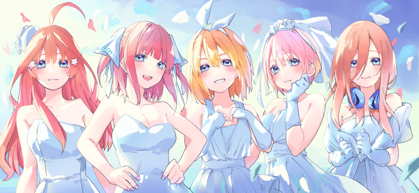 5girls :d absurdres ahoge arms_at_sides bare_arms bare_shoulders blue_background blue_eyes blunt_bangs blush bridal_veil brown_hair closed_mouth collarbone commentary cowboy_shot dress enpera eyebrows_hidden_by_hair eyelashes fingerless_gloves gloves go-toubun_no_hanayome grin hair_between_eyes hair_ornament hair_ribbon hand_up hands_on_own_hips hands_up happy headphones headphones_around_neck highres long_hair looking_at_viewer medium_hair multiple_girls nail_polish nakano_ichika nakano_itsuki nakano_miku nakano_nino nakano_yotsuba open_mouth orange_hair pink_hair purple_nails quintuplets redhead ribbon short_hair siblings side-by-side sidelocks simple_background sisters sleeveless sleeveless_dress smile star_(symbol) star_hair_ornament straight_hair strapless strapless_dress tiara two_side_up valentine_(02140314c) veil white_dress white_gloves white_ribbon