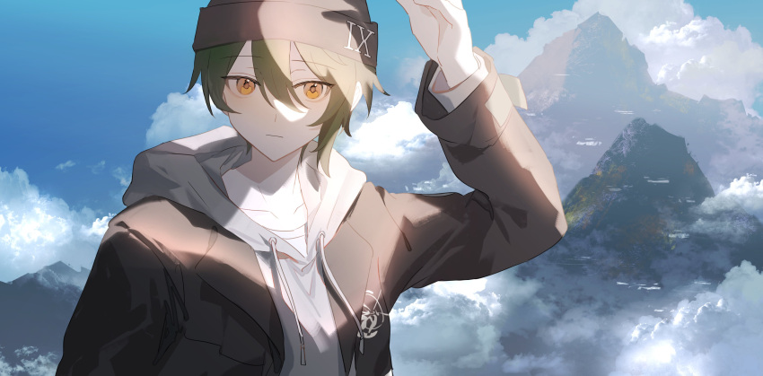 1boy absurdres arm_up beanie black_hat black_jacket blue_sky closed_mouth clouds collarbone commentary_request day drawstring eve_(meltdown) green_hair hair_between_eyes hat highres honkai_(series) honkai_impact_3rd hood hood_down hoodie jacket kosma long_sleeves looking_at_viewer male_focus mountain open_clothes open_jacket orange_hair outdoors roman_numeral sky solo upper_body white_hoodie