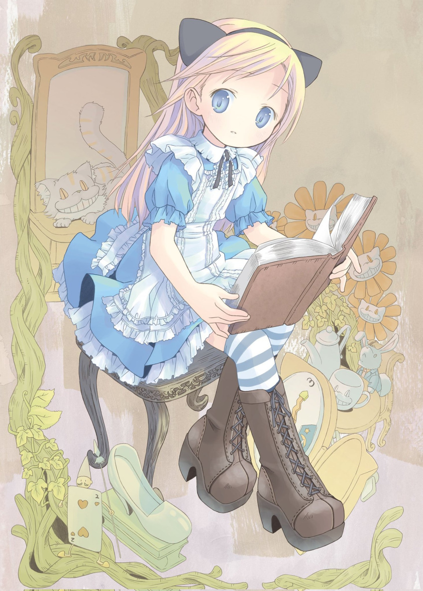 1girl alice_(alice_in_wonderland) alice_in_wonderland animal_ears apron blonde_hair blue_dress blue_eyes book boots card cat cat_ears chair cheshire_cat_(alice_in_wonderland) dress fake_animal_ears flat_chest frilled_dress frills full_body highres holding holding_book long_hair original playing_card pop_(electromagneticwave) rabbit sitting solo striped_clothes striped_thighhighs thigh-highs white_rabbit_(alice_in_wonderland)