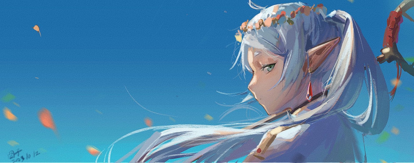 1girl blue_sky closed_mouth commentary dated earrings elf expressionless falling_petals frieren green_eyes head_wreath highres holding holding_staff jewelry jiong-zi long_hair looking_at_viewer petals pointy_ears sky solo sousou_no_frieren staff twintails upper_body white_hair