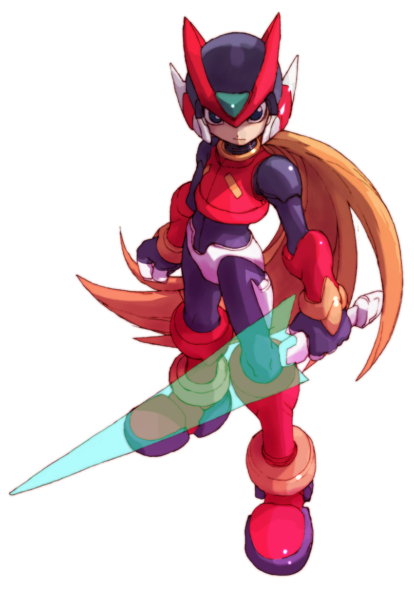1boy absurdres android armor black_eyes blonde_hair boots energy_sword forehead_jewel full_body helmet highres holding holding_sword holding_weapon long_hair looking_at_viewer male_focus mega_man_(series) mega_man_zero_(series) mega_man_zero_1 nakayama_tooru official_art red_armor red_footwear red_helmet simple_background solo sword third-party_source weapon white_background z_saber zero(z)_(mega_man) zero_(mega_man)