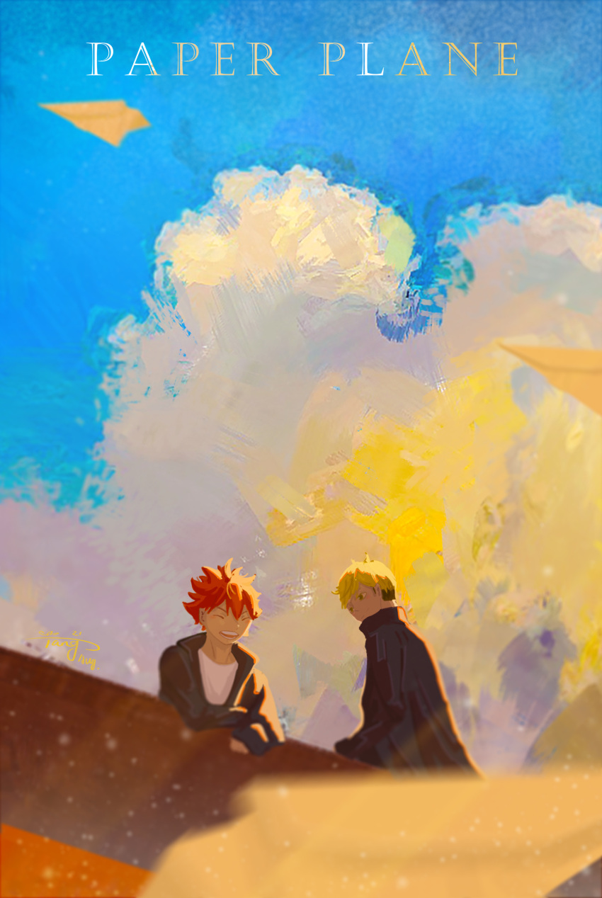 2boys black_coat black_hair black_jacket black_sleeves blonde_hair blue_sky bridge chinese_commentary closed_eyes closed_mouth clouds coat collared_coat collared_jacket commentary_request day english_text haikyuu!! high_collar highres hinata_shouyou jacket kozume_kenma light_particles long_sleeves looking_at_another making-of_available male_focus messy_hair multicolored_hair multiple_boys open_clothes open_jacket open_mouth orange_hair outdoors paper_airplane sanshui_guantang shirt short_hair signature sky sleeves_past_wrists smile streaked_hair teeth upper_body upper_teeth_only white_shirt yellow_eyes