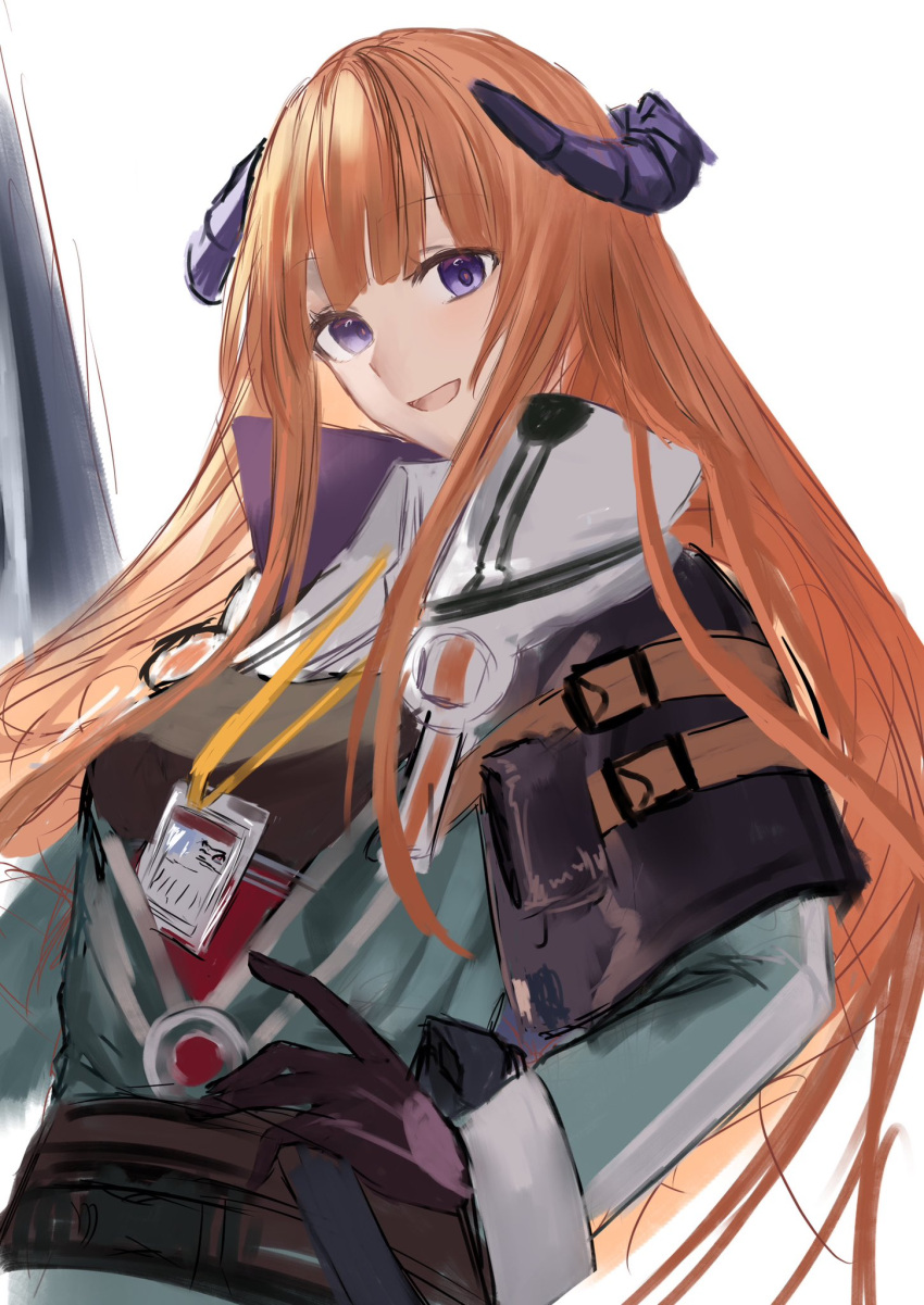 1girl :d arknights bagpipe_(arknights) black_gloves black_shirt breasts commentary_request gloves green_jacket hand_on_own_hip highres horns jacket lantern long_hair long_sleeves looking_at_viewer medium_breasts orange_hair shirt shouga_chahan simple_background smile solo very_long_hair violet_eyes white_background