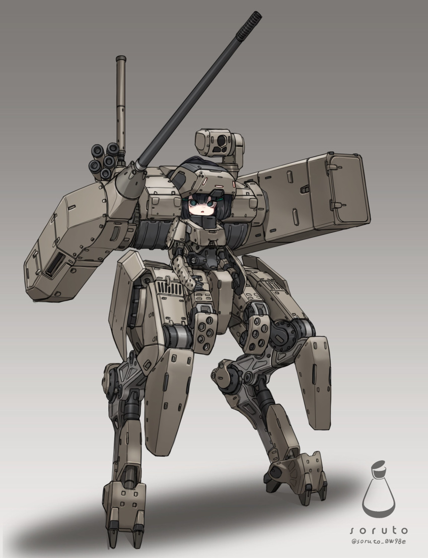 1girl absurdres aqua_eyes armor black_hair cannon commentary_request digitigrade forehead_protector full_body hair_ornament hairclip highres joints looking_at_viewer mecha_musume missile_pod original radio_antenna robot_joints science_fiction smoke_grenade_launcher solo soruto_0w98e standing