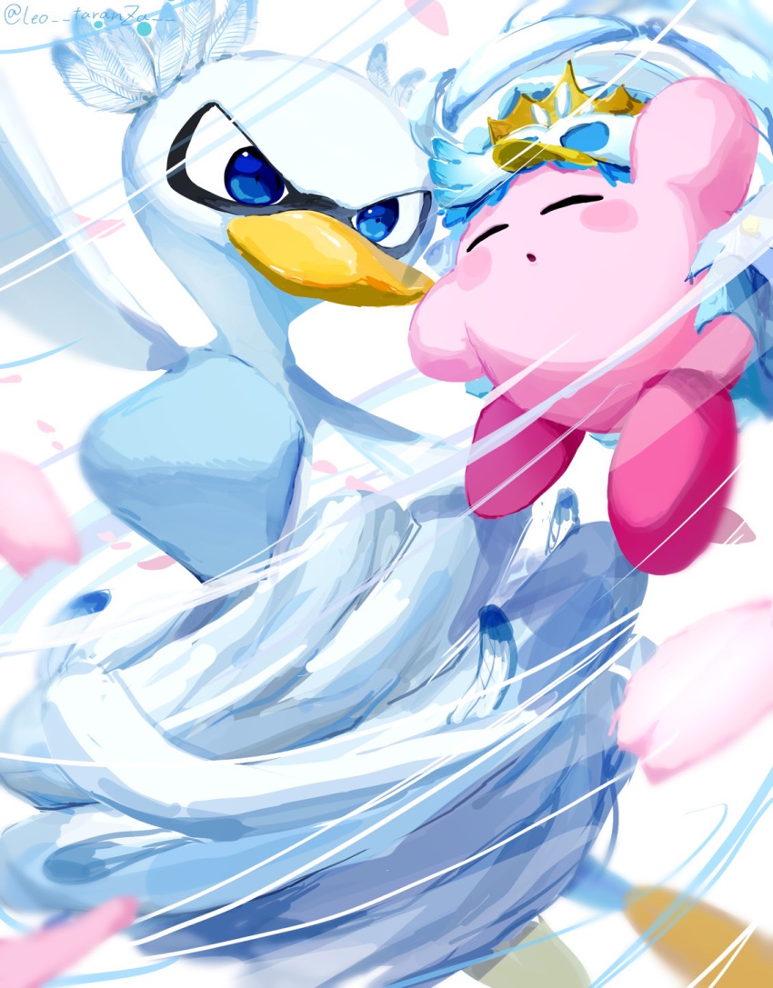 1girl beak blue_eyes blush_stickers closed_eyes colored_skin commentary_request copy_ability feathers fleurina highres kirby kirby_(series) kirby_and_the_forgotten_land leo_taranza looking_at_another petals pink_skin tornado_kirby wings