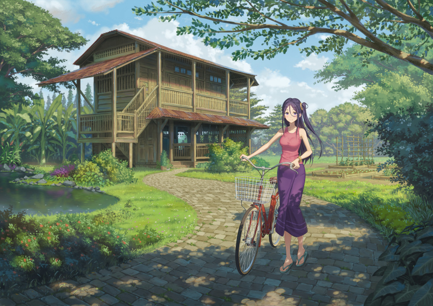 1girl absurdres bicycle blue_sky blush breasts closed_mouth clouds cloudy_sky commentary day english_commentary gold_bracelet grass green_footwear hair_between_eyes highres house large_breasts long_hair mole mole_under_eye one_side_up original outdoors pink_shirt pond purple_hair purple_skirt road sandals shirt sinad_aruatjanapat single_bare_arm skirt sky sleeveless sleeveless_shirt solo standing tree violet_eyes wide_shot