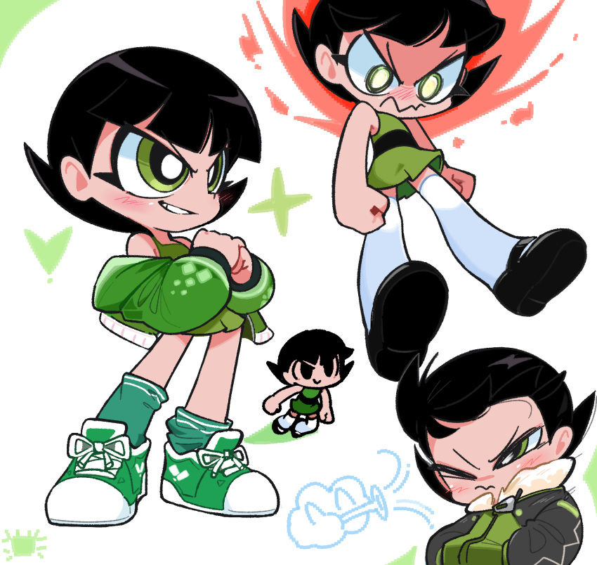 1girl angry black_footwear black_hair blush bright_pupils buttercup_(ppg) chibi cracking_knuckles dress green_dress green_eyes green_footwear green_jacket green_socks grin heart highres jacket kim_crab loose_socks mary_janes nose_blush one_eye_closed powerpuff_girls shoes short_dress sleeveless sleeveless_dress smile socks solo standing thigh-highs white_background white_pupils white_thighhighs wind