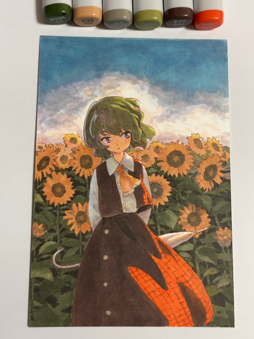 1girl arms_behind_back art_tools_in_frame ascot blue_sky buttons center_frills closed_mouth clouds collared_shirt commentary_request cowboy_shot flower frills green_hair highres holding holding_umbrella kazami_yuuka long_skirt long_sleeves looking_to_the_side marker marker_(medium) outdoors photo_(medium) plaid plaid_skirt plaid_vest red_eyes red_skirt red_vest shiratama_(hockey) shirt short_hair signature skirt sky solo standing sunflower touhou traditional_media umbrella vest wavy_hair white_shirt yellow_ascot