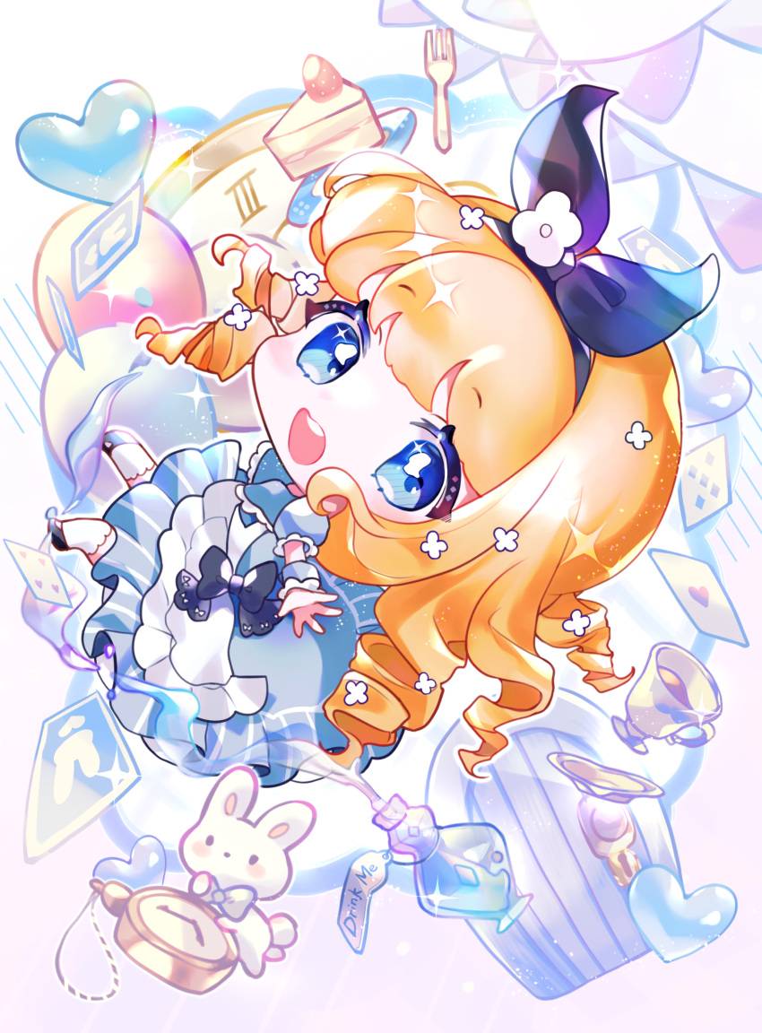 1girl :d alice_(alice_in_wonderland) alice_in_wonderland apron balloon black_bow black_footwear black_hairband blonde_hair blue_dress blue_eyes blunt_bangs bottle bow bow_hairband card cheesecake chibi cup dress dress_bow drill_hair falling floating floating_hair flower food fork frilled_apron frilled_dress frilled_wrist_cuffs frills fruit gradient_background hair_flower hair_ornament hairband heart highres kumono_ame long_hair looking_at_viewer maid_apron mary_janes outstretched_arm pink_background plate playing_card pocket_watch potion puffy_short_sleeves puffy_sleeves rabbit raised_eyebrows ringlets shoes short_sleeves simple_background smile sparkle strawberry teacup teeth thigh-highs upper_teeth_only watch white_apron white_flower white_thighhighs wooden_door wrist_cuffs