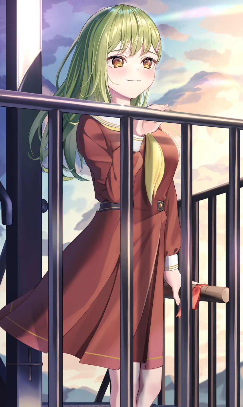 1girl :3 absurdres asumi_dori asymmetrical_hair blush breasts brown_dress brown_eyes closed_mouth clouds cloudy_sky dress feet_out_of_frame graduation green_hair hair_ornament hairclip hand_on_railing hasu_no_sora_school_uniform highres holding in-universe_location large_breasts link!_like!_love_live! long_hair long_sleeves looking_at_viewer love_live! medium_dress neckerchief oogami_sachi outdoors pleated_dress sailor_collar sailor_dress school_uniform shadow single_sidelock sky smile solo standing straight_hair tube white_sailor_collar winter_uniform yellow_neckerchief