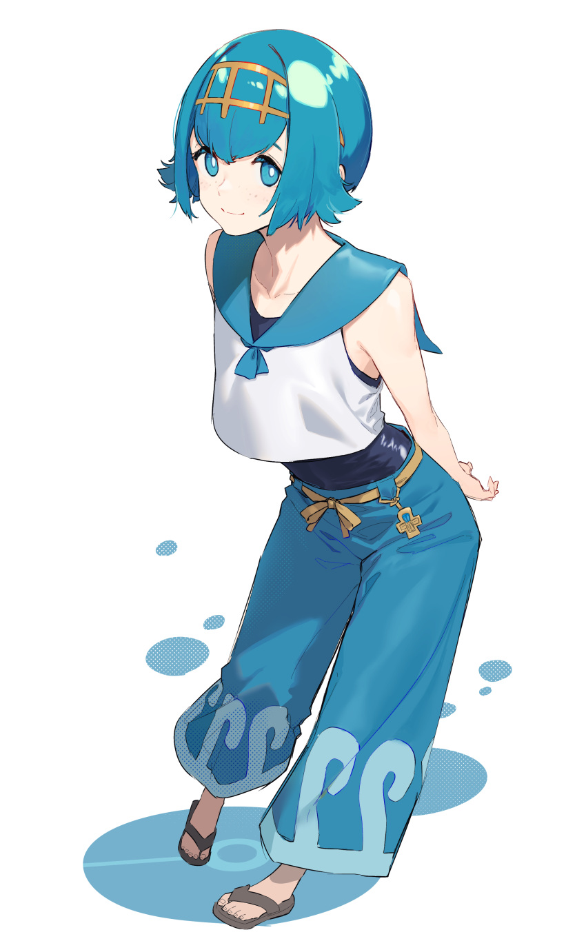 1girl absurdres arm_behind_back blue_eyes blue_hair blue_pants blue_sailor_collar bright_pupils closed_mouth commentary_request feet gold_hairband hair_between_eyes hairband highres lana_(pokemon) leaning_forward looking_at_viewer pants pokemon pokemon_(anime) pokemon_sm_(anime) reiga_(act000) sailor_collar sandals shirt short_hair sleeveless sleeveless_shirt smile solo standing toes white_background white_pupils white_shirt