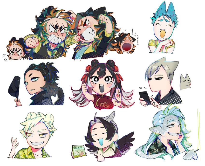 1girl 6+boys animal_ears baseball_cap bear_boy bear_ears bird_boy bird_wings black_eyes black_hair black_wings blue_hair bright_pupils brothers cellphone chibi china_dress chinese_clothes clenched_hand clenched_teeth closed_eyes colored_skin colored_tips double_bun dress ear_piercing facing_viewer fangs feathered_wings fighting fish_boy fox_boy fox_ears grabbing_another's_ear green_eyes green_hair grey_hair grey_skin grin hair_bun hand_on_another's_ear hands_up hat head_wings highres holding holding_clothes holding_hat holding_phone long_hair looking_at_another looking_at_viewer monster_boy multicolored_hair multiple_boys one_eye_closed open_mouth orange_hair original own_hands_together panther_boy panther_ears panther_tail phone piercing red_eyes scratches sharp_teeth shirt short_hair short_sleeves siblings simple_background slit_pupils smartphone smile streaked_hair teardrop teeth tiger_boy tiger_ears upper_body very_short_hair white_background white_hair wings yellow_eyes yellow_shirt zzb_azz