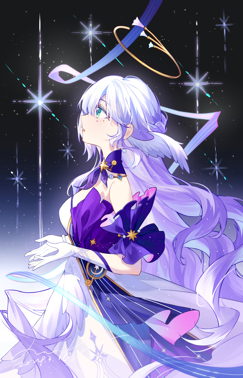 1girl absurdres bare_shoulders cowboy_shot dated detached_collar detached_sleeves dress elbow_gloves floating_hair from_side glint gloves green_eyes hair_between_eyes halo handsomening head_wings highres honkai:_star_rail honkai_(series) lips long_hair looking_ahead open_hands parted_lips profile purple_dress purple_hair purple_sleeves robin_(honkai:_star_rail) short_sleeves sidelocks signature solo space star_(sky) strapless strapless_dress white_gloves wings