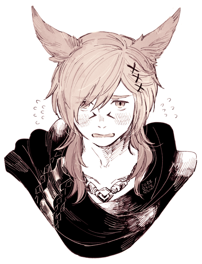 1boy animal_ears black_scarf blush brown_eyes brown_hair cat_ears collarbone commentary cropped_torso dated embarrassed eyes_visible_through_hair facial_mark final_fantasy final_fantasy_xiv flying_sweatdrops g'raha_tia hair_down hair_ornament hatching_(texture) highres itowff14 looking_at_viewer male_focus medium_hair miqo'te monochrome open_mouth portrait scarf signature simple_background solo straight-on swept_bangs white_background x_hair_ornament