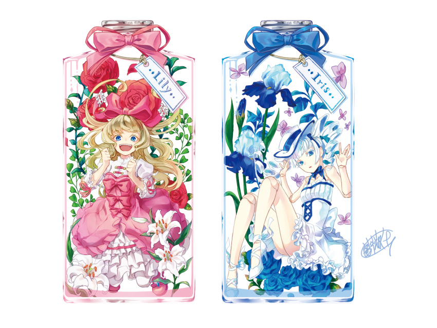 2girls baracan blue_bow bottle bow character_name dress flower full_body hair_ornament hat herbarium highres looking_at_viewer multiple_girls open_mouth original red_bow red_dress red_flower red_rose rose smile teeth upper_teeth_only white_dress