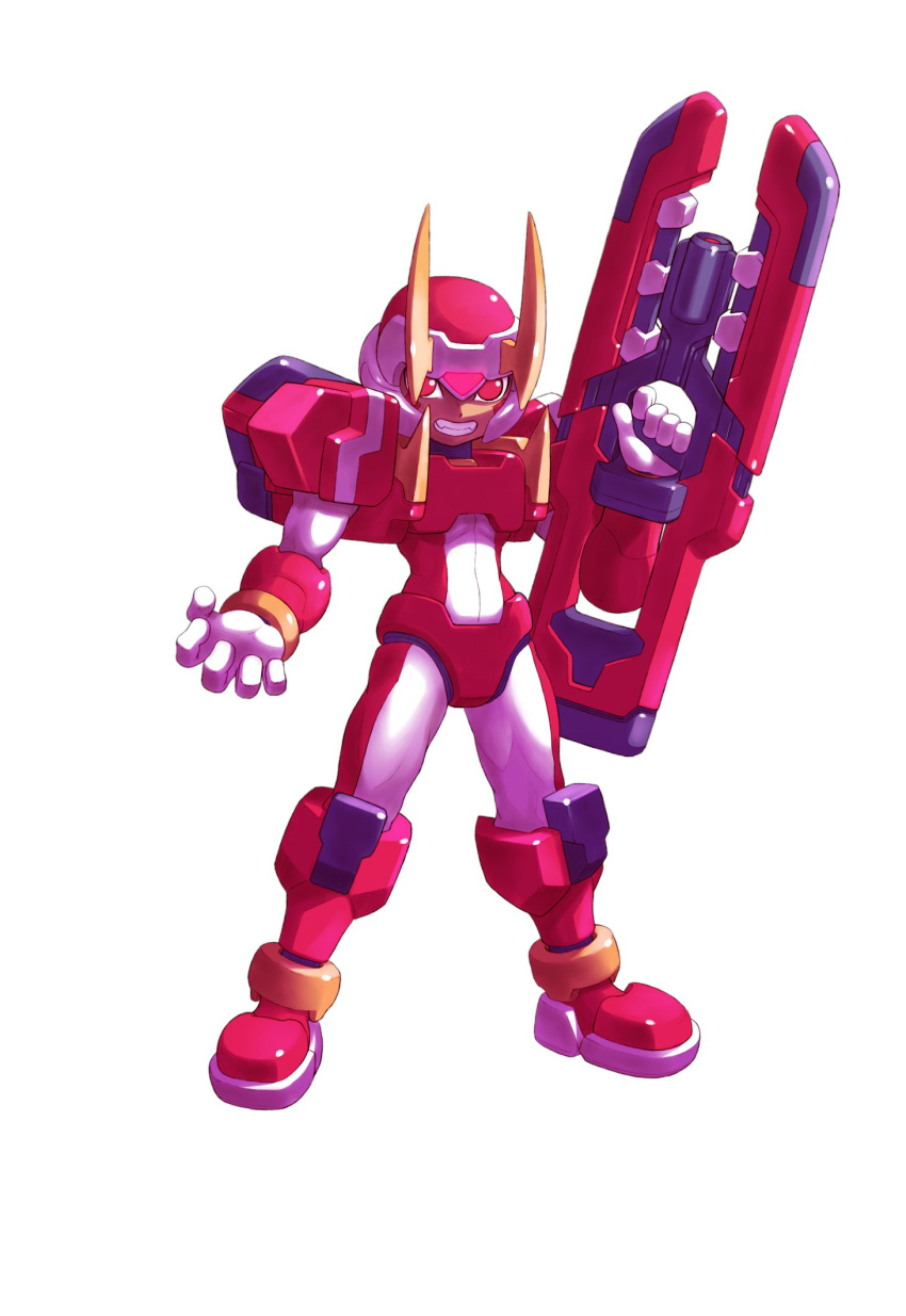 1boy android armor bodysuit boots clenched_teeth dark-skinned_male dark_skin energy_gun facial_mark fangs forehead_jewel full_body helmet hi-go! highres holding_cannon looking_at_viewer male_focus mega_man_(series) mega_man_zero_(series) red_armor red_bodysuit red_eyes red_footwear red_helmet shoulder_armor simple_background solo teeth weapon white_background white_bodysuit