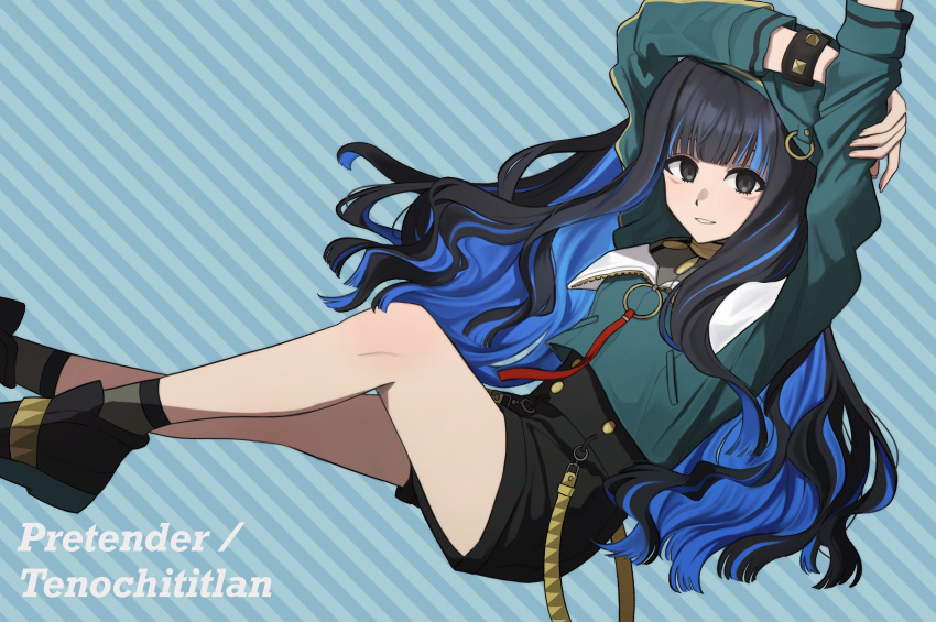 1girl absurdres beret black_hair blue_hair bracelet buttons colored_inner_hair double-breasted fate/grand_order fate_(series) green_hat green_jacket grey_eyes hat highres jacket jewelry legs looking_at_viewer multicolored_hair neck_ring o-ring sally050707 smile solo tenochtitlan_(fate) tenochtitlan_(second_ascension)_(fate) wavy_hair zipper