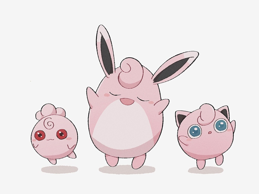 :3 :d :o arms_up blue_eyes blush blush_stickers closed_eyes closed_mouth commentary_request evolutionary_line igglybuff jigglypuff looking_at_viewer no_humans open_mouth pokemon pokemon_(creature) red_eyes simple_background smile sumi_fms u_u white_background wigglytuff