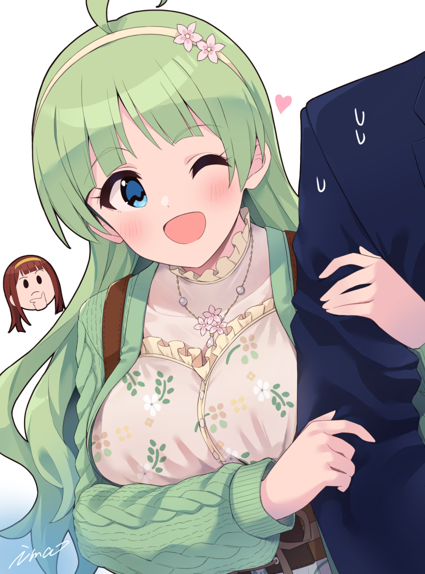 1boy 2girls :&lt; :d ahoge artist_name blue_eyes blunt_bangs blush breasts dot_nose eyelashes floral_print_shirt flower green_hair green_sweater hair_flower hair_ornament hairband hand_on_own_chin head_only heart highres holding_another's_arm idolmaster idolmaster_million_live! idolmaster_million_live!_theater_days ima_(lm_ew) jewelry lace-trimmed_shirt lace_trim large_breasts long_hair long_sleeves multiple_girls necklace one_eye_closed open_mouth producer_(idolmaster) redhead shimabara_elena shirt sidelocks smile suit sweat sweater tanaka_kotoha upper_body wavy_hair yellow_hairband