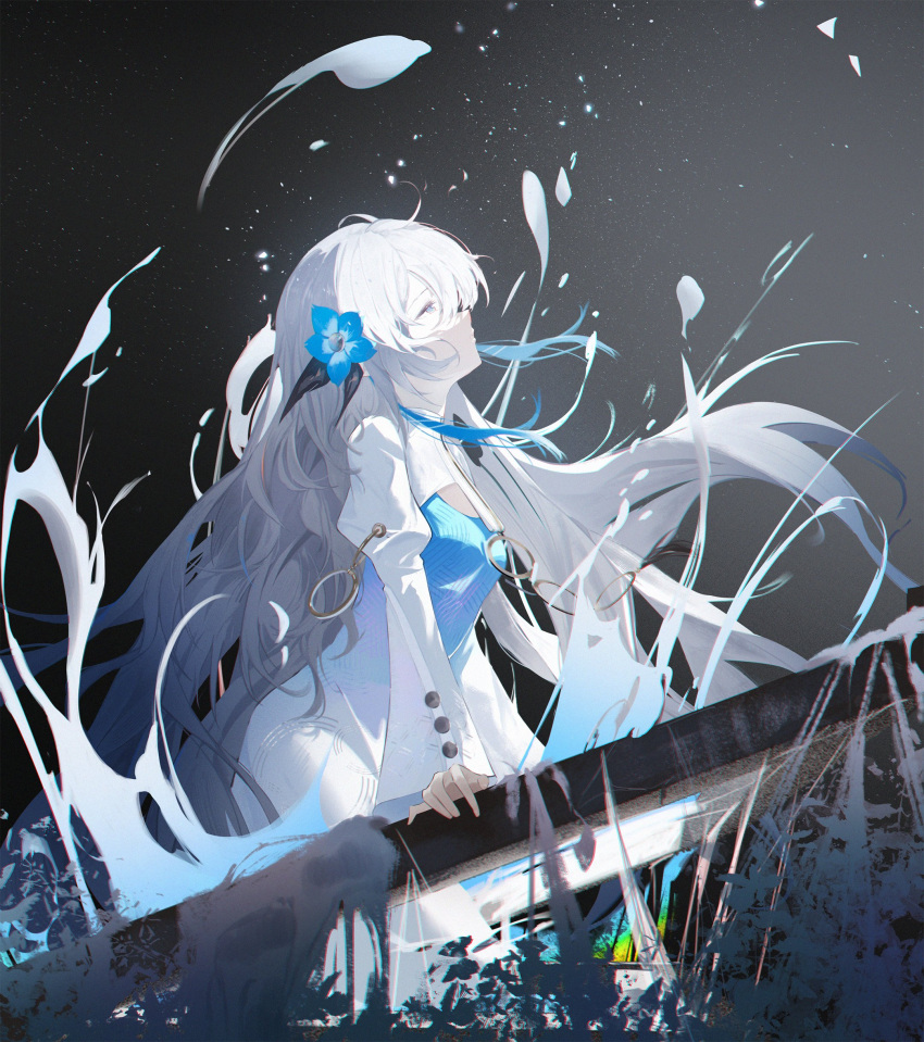 1girl absurdres arm_at_side black_background blue_dress blue_eyes blue_flower cowboy_shot dress floating_hair flower gradient_dress hair_flower hair_ornament highres isekai_joucho juliet_sleeves kamitsubaki_studio light_particles long_hair long_sleeves looking_up naovo profile puffy_sleeves sidelighting sidelocks simple_background solo straight_hair white_dress white_hair white_shrug
