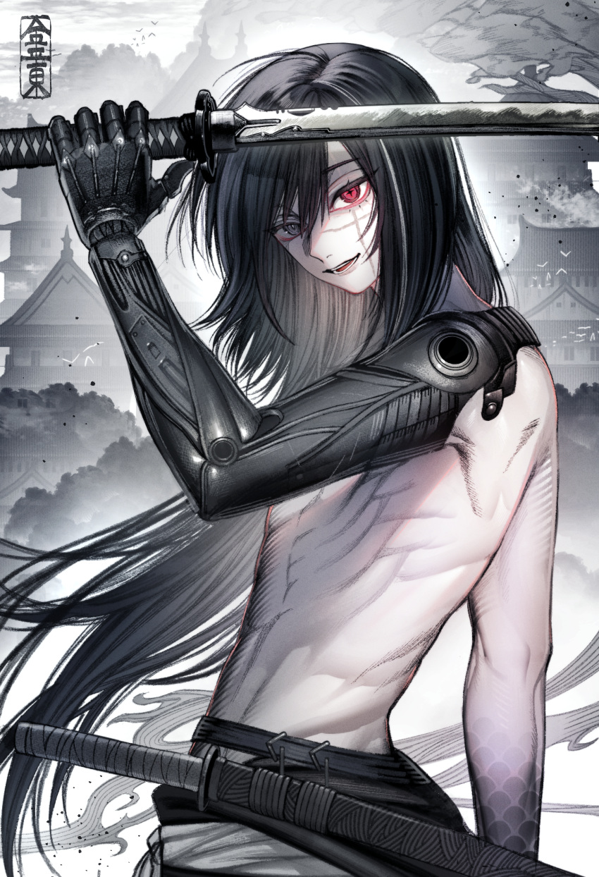 1boy abs architecture automail bishounen black_hair east_asian_architecture eyelashes from_side grey_eyes heterochromia highres holding holding_sword holding_weapon japanese_clothes katana konpeitou_(pixiv37354724) long_hair male_focus original parted_lips red_eyes samurai samurai_(final_fantasy) scar scar_on_face sheath smoke solo sword torso upper_body weapon
