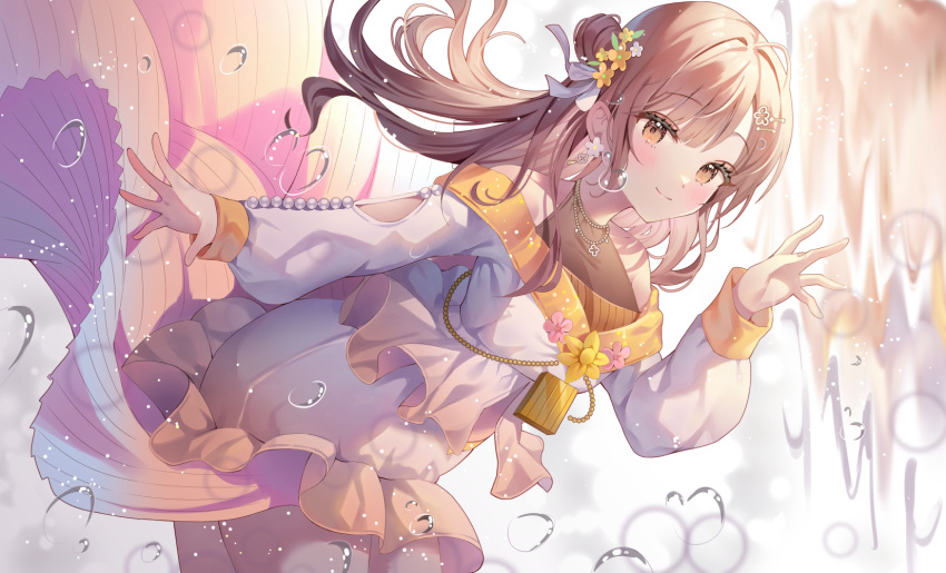 1girl blush brown_eyes brown_hair bubble commentary cowboy_shot dress earrings flower flower_earrings gin_(gin937) gradient_dress hair_bun hair_flower hair_ornament hand_up highres jewelry leaning_forward long_hair long_sleeves looking_at_viewer off_shoulder orange_dress project_sekai shinonome_ena single_side_bun smile symbol-only_commentary underwater water white_dress white_flower yellow_flower