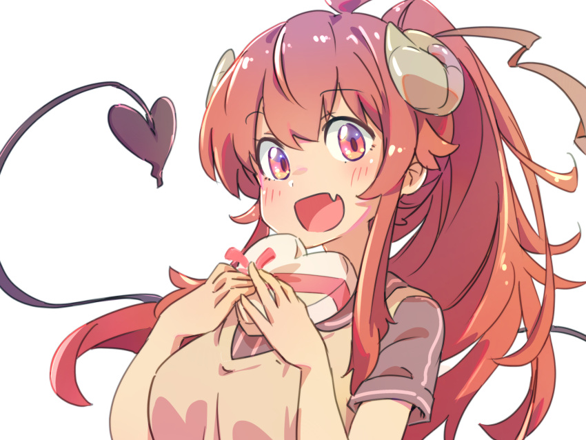 1girl :d ahoge alternate_hairstyle apron black_shirt blush box breasts brown_eyes brown_hair commentary_request curled_horns demon_girl demon_horns demon_tail fang floating_hair food food_on_face food_on_hand gift hair_between_eyes hands_up happy heart-shaped_box highres holding holding_gift horns icorasama large_breasts long_hair looking_at_viewer machikado_mazoku open_mouth ponytail red_ribbon ribbon shirt short_sleeves sidelocks simple_background skin_fang smile solo tail tail_raised tareme valentine white_background yoshida_yuuko_(machikado_mazoku)